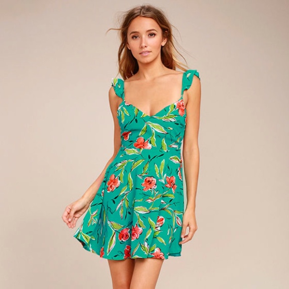 Green Floral Print Backless Skater Summer Dress